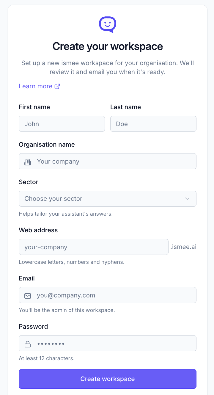 The Create-a-workspace sign-up form