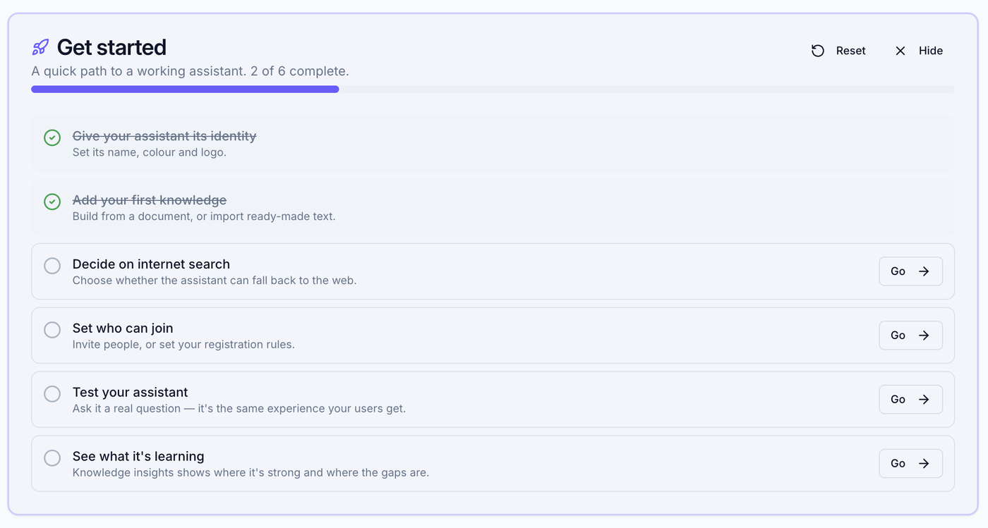 The Get started page with the setup checklist