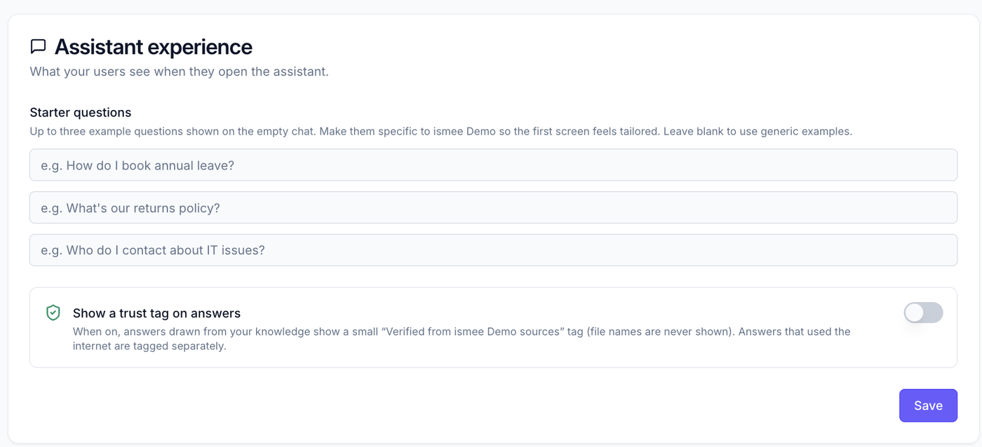 Assistant experience: starter questions and the trust-tag toggle