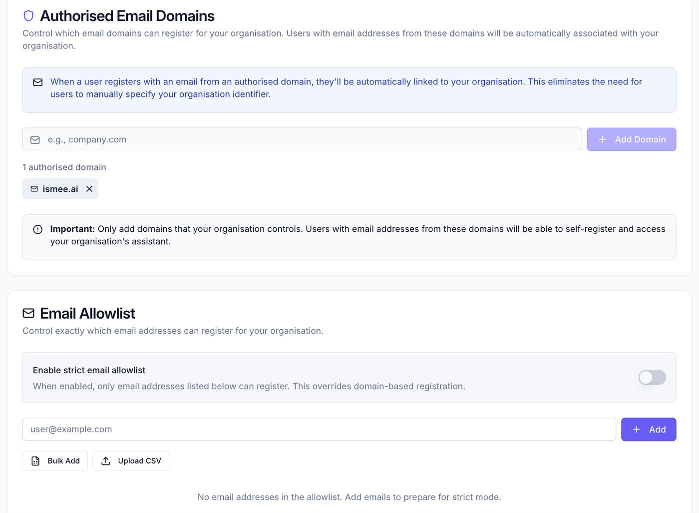 Registration rules: authorised domains and email allowlist